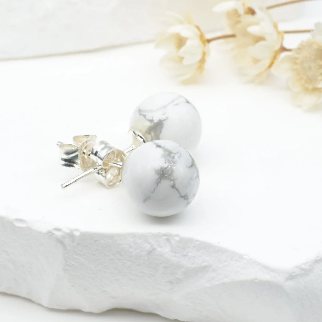 Boucles d'oreilles Howlite argent 925 rondes – Paix Intérieure et Clarté Mentale