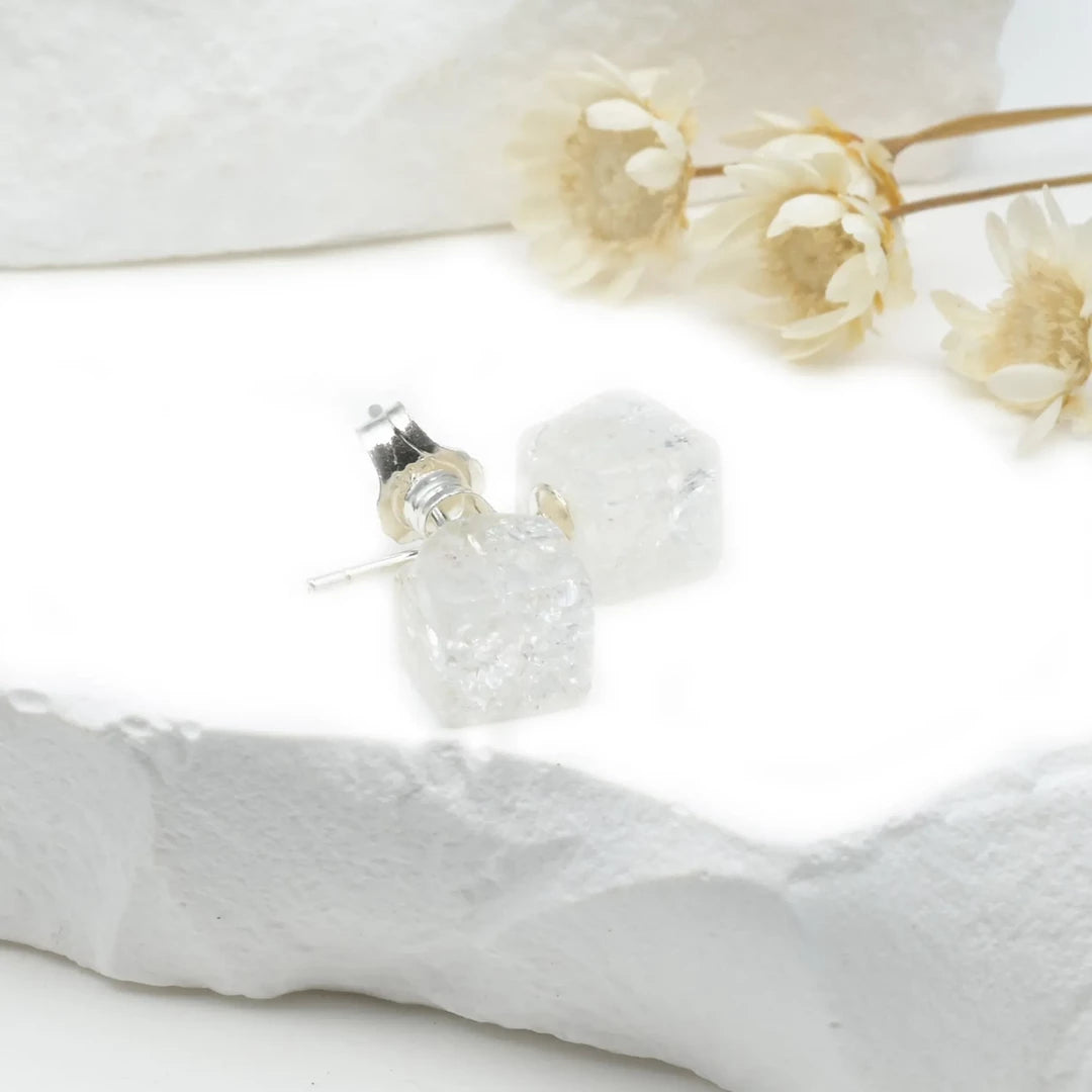 Boucles d'oreilles Cristal de roche Crack argent 925 carrées – Clarté, Guérison et Énergie Positive