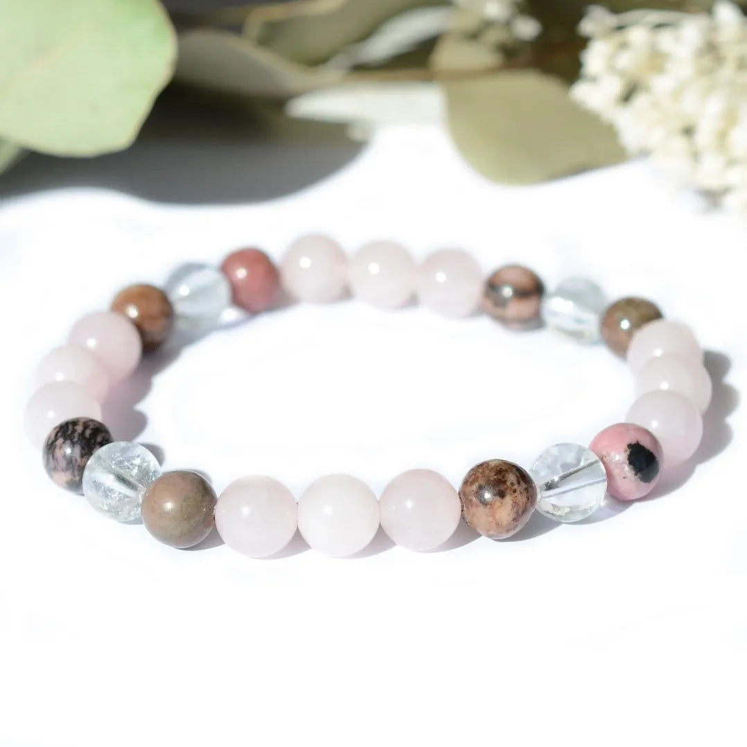 Bracelet "Confiance" Cristal de Roche, Quartz Rose, Rhodonite