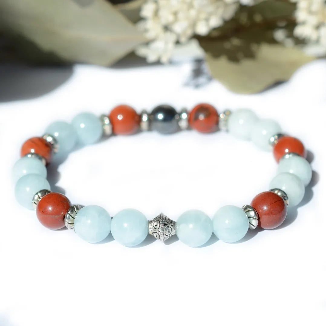 Bracelet "Coeur & Vitalité" Aigue-Marine, Jaspe Rouge, Hématite