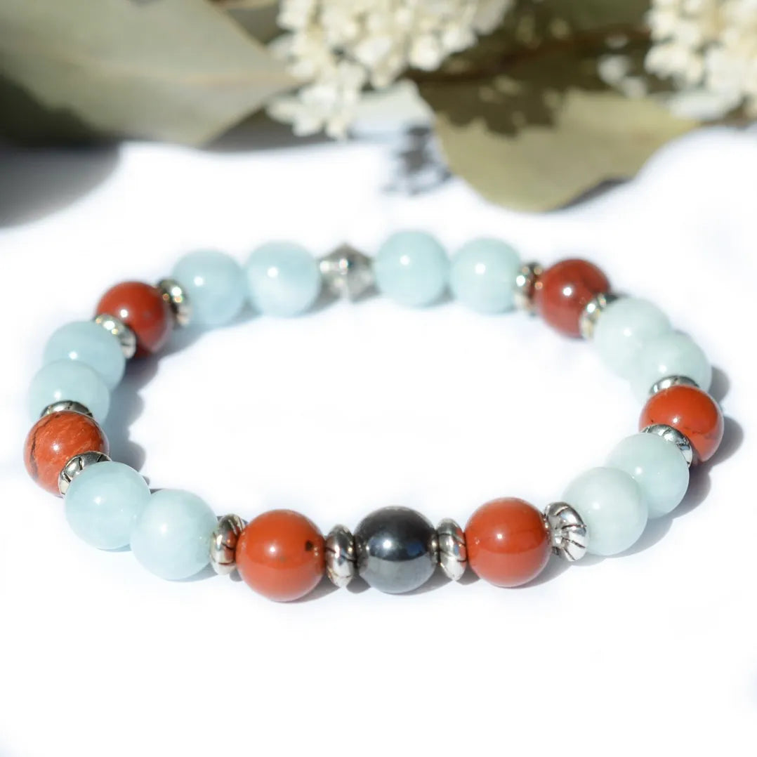 Bracelet "Coeur & Vitalité" Aigue-Marine, Jaspe Rouge, Hématite