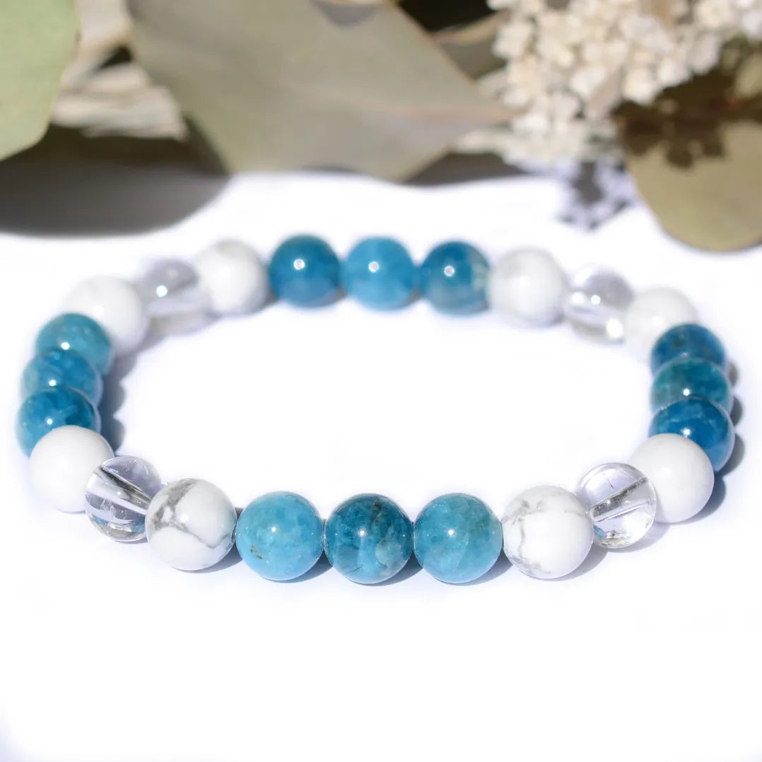Bracelet "MINCEUR" Apatite, Cristal de Roche, Howlite - Pierres boules