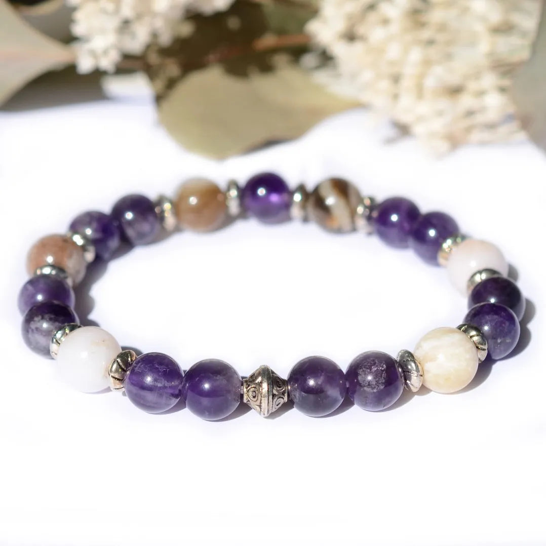 Bracelet "Sommeil & Insomnies" Améthyste, Opale Rose - Pierres boules