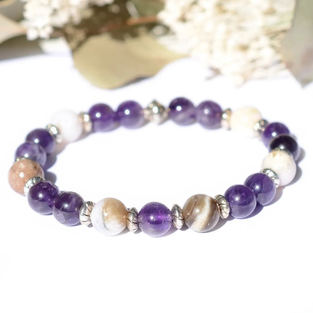 Bracelet "Sommeil & Insomnies" Améthyste, Opale Rose - Pierres boules