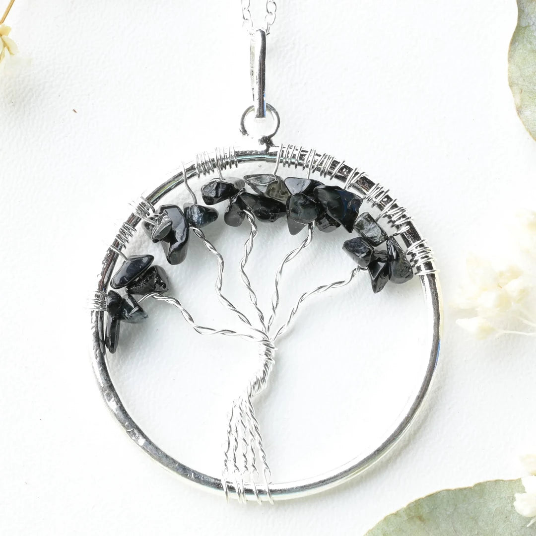 Pendentif arbre de vie Onyx (Agate Noire) – Protection et Stabilité