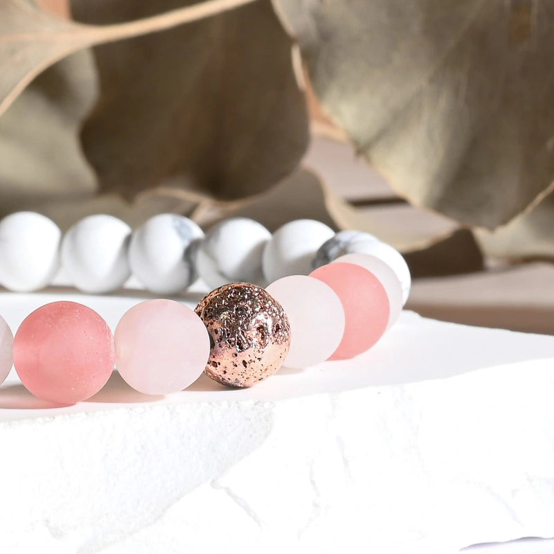 Bracelet Amour & Guérison – Howlite, Quartz rose, Quartz melon & Pierre de lave