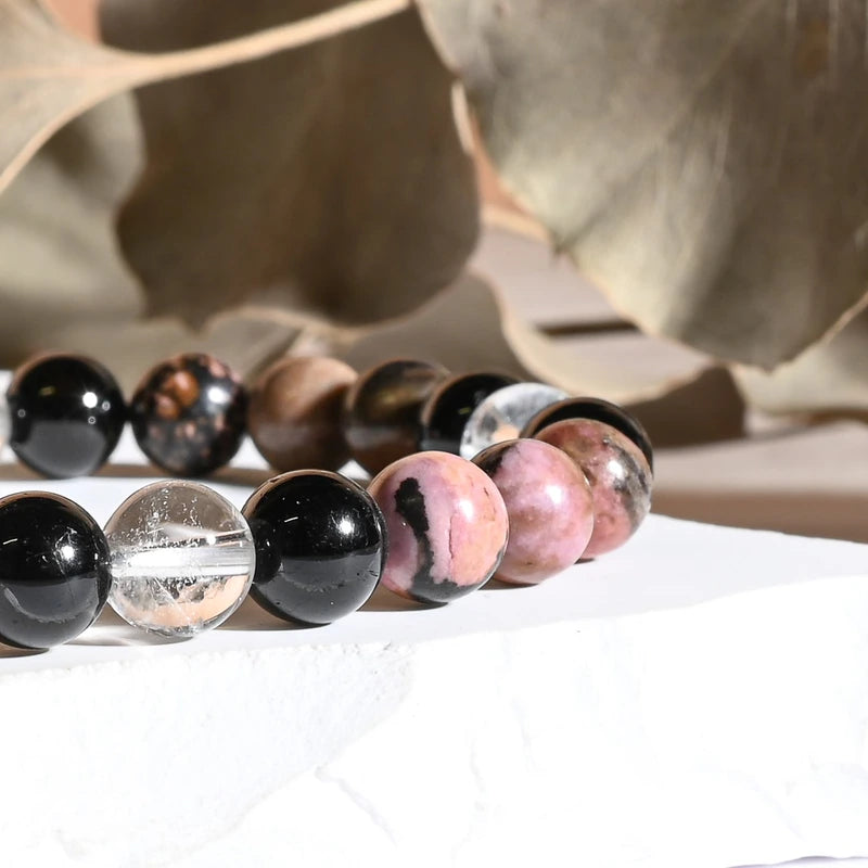 Bracelet "Anti-stress" Cristal de Roche, Tourmaline Noire, Rhodonite - Mix