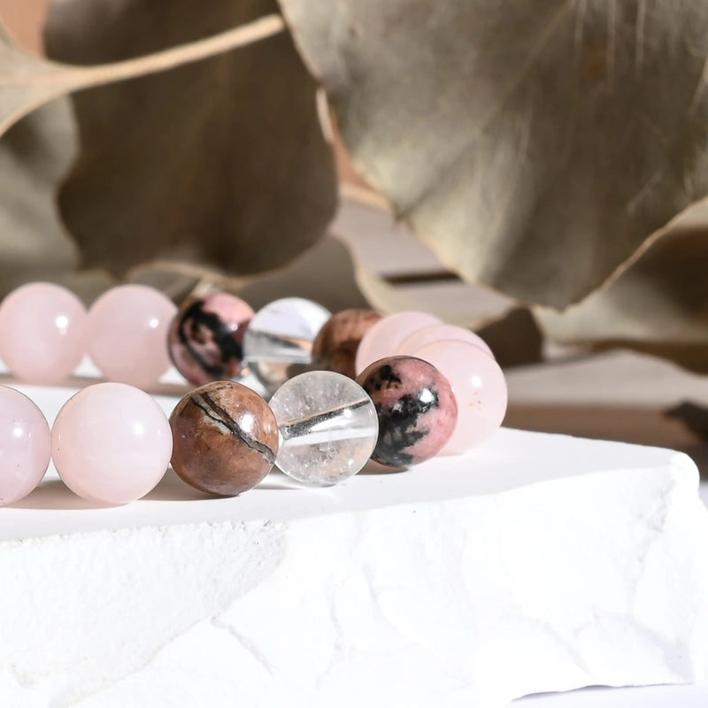 Bracelet "Confiance" Cristal de Roche, Quartz Rose, Rhodonite