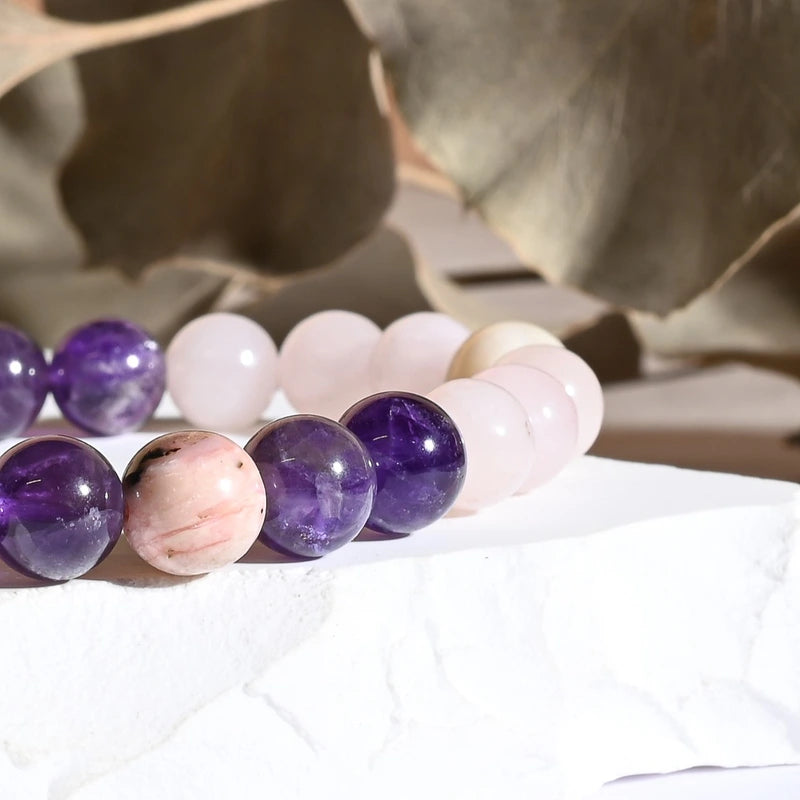 Bracelet "Sommeil & Insomnies" Améthyste, Opale Rose, Quartz Rose - Pierres boules