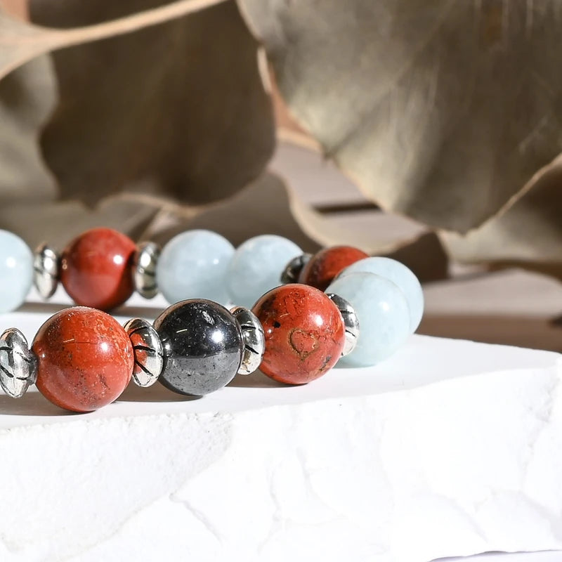 Bracelet "Coeur & Vitalité" Aigue-Marine, Jaspe Rouge, Hématite
