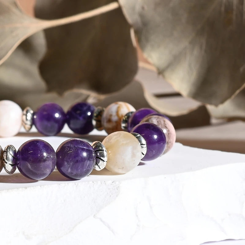Bracelet "Sommeil & Insomnies" Améthyste, Opale Rose - Pierres boules