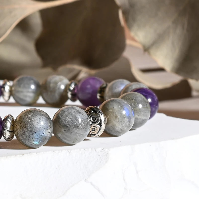 Bracelet "Confiance & TImidité" Améthyste, Labradorite - Pierres boules