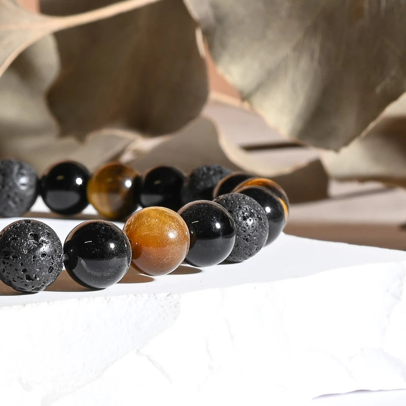 Bracelet "Force Triple" Oeil de Tigre, Onyx, Pierre de lave
