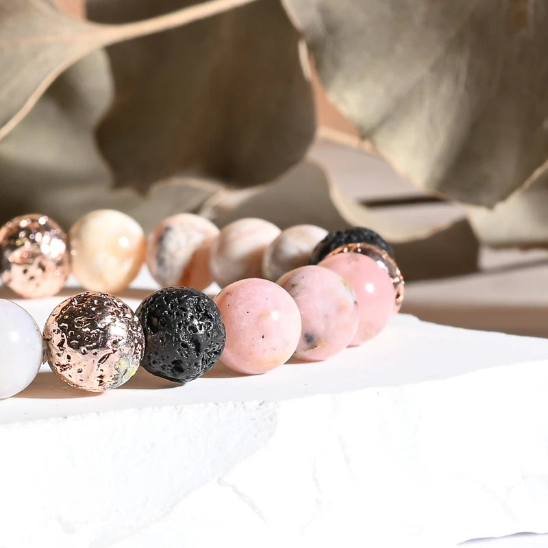 Bracelet "Bonheur & Joie de Vivre" Opale rose, Pierre de Lave Rose et Noire