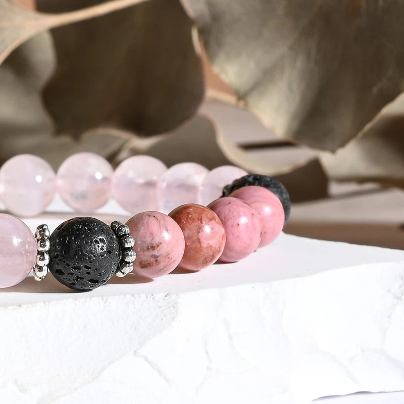 Bracelet "Amour & Guérison" Quartz Rose, Rhodonite, Pierre de Lave