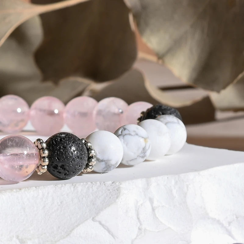 Bracelet "Amour & Guérison" Howlite, Quartz Rose, Pierre de Lave