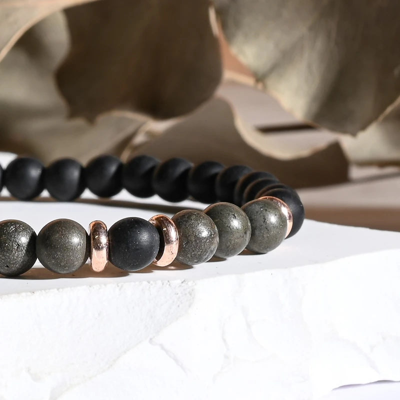 Bracelet "Réussite" Pyrite et Onyx - Pierres boules