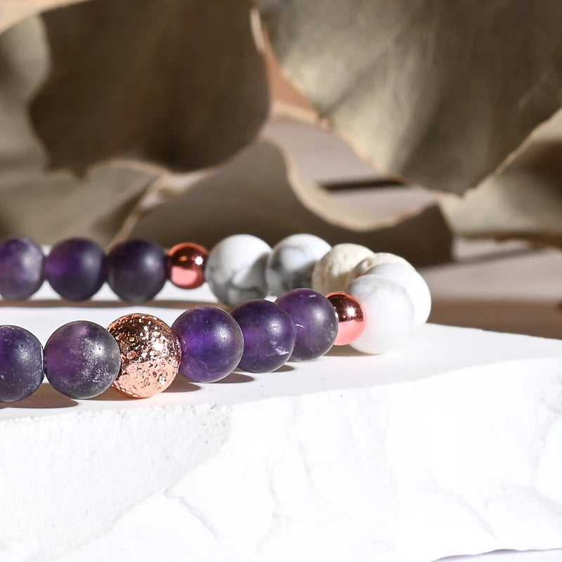 Bracelet "Anti-stress" Améthyste et Howlite dépolie Rose Gold - Pierres boules