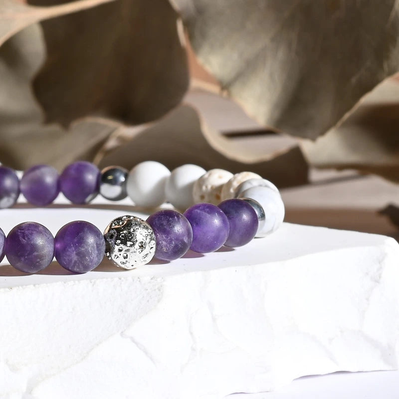 Bracelet "Anti-stress" Améthyste et Howlite dépolie Argent - Pierres boules