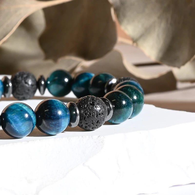 Bracelet "Protection" Oeil de Tigre Bleu et Pierre de Lave