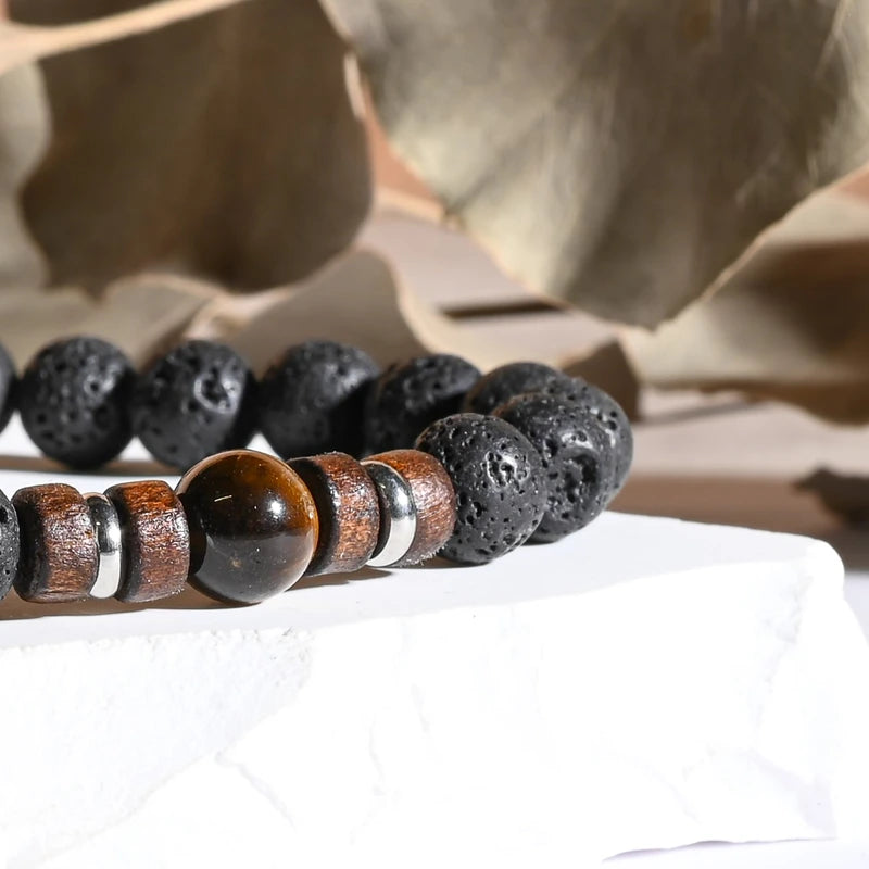Bracelet "Force" Oeil de Tigre et Pierre de Lave