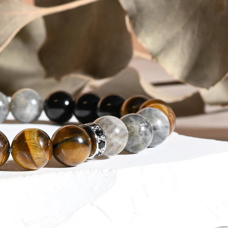 Bracelet "Protection" Labradorite, Oeil de Tigre, Tourmaline Noire - Dakota
