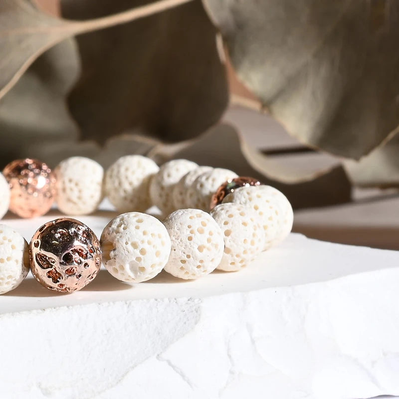 Bracelet "Force" Pierre de Lave Blanche et Rose Gold – Ancrage et Revitalisation