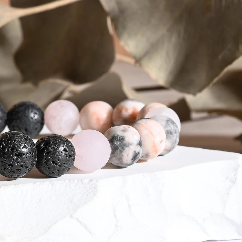 Bracelet "Ménopause" Jaspe Zèbre, Quartz Rose dépoli et Pierre de Lave - Pierres boules