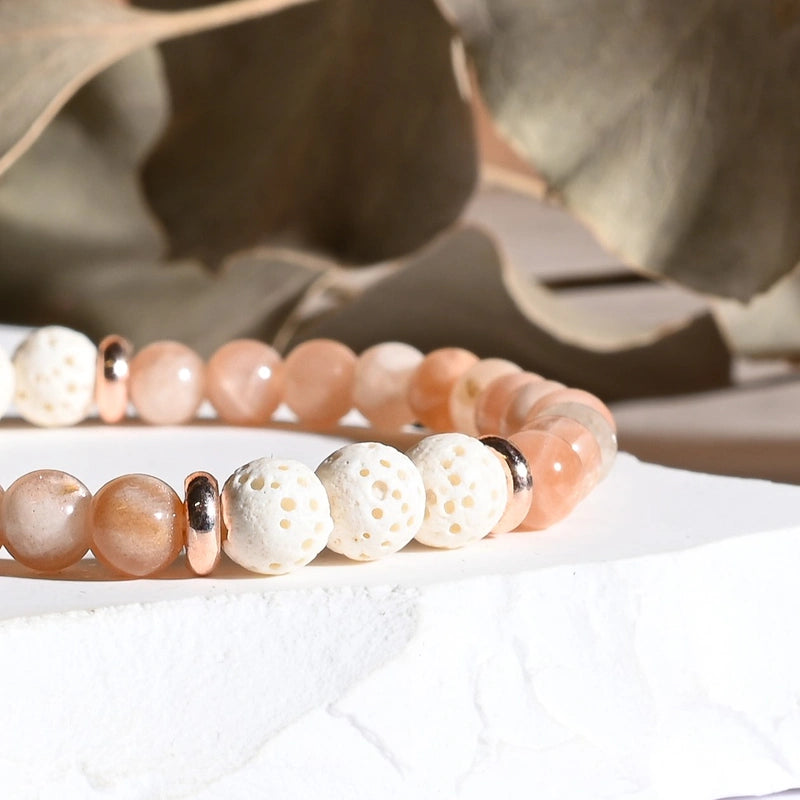 Bracelet "Bonheur & Joie de Vivre" Pierre de Soleil et Pierre de Lave Blanche