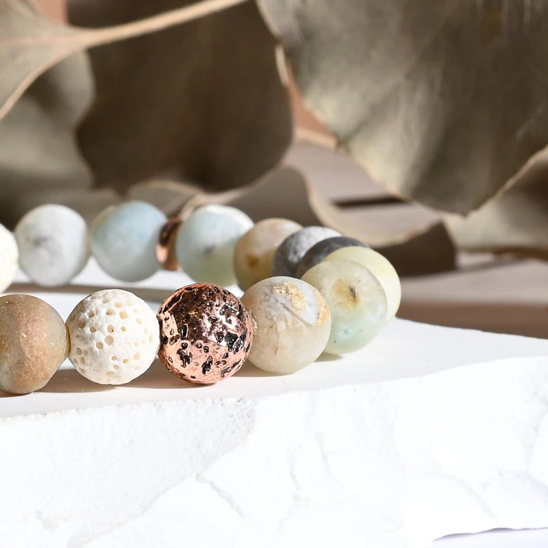 Bracelet "Anti-Âge" Amazonite, Pierre de Lave Rose et Blanche