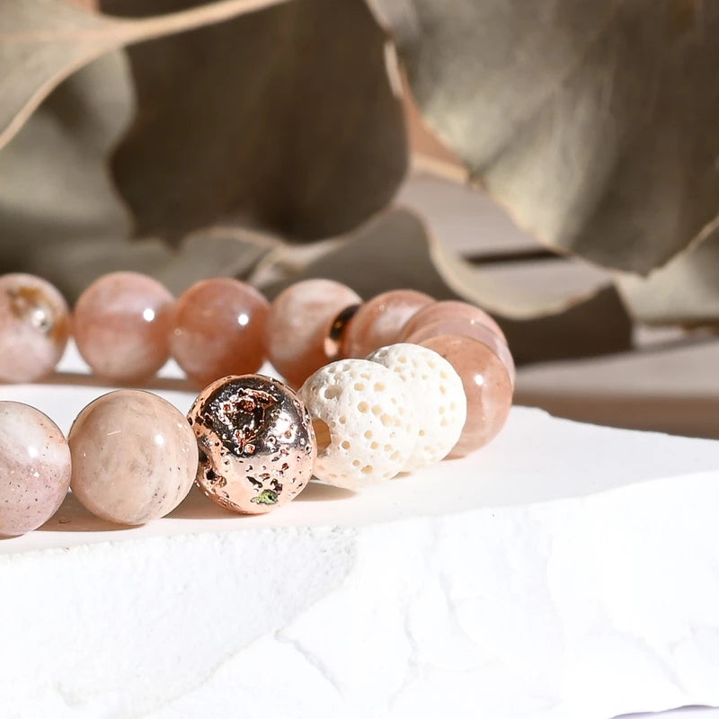 Bracelet "Énergie" Pierre de Soleil et Pierre de Lave Blanche et Rose Gold - Pierres boules