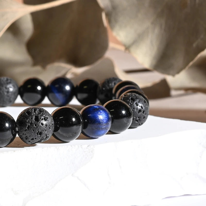 Bracelet "Force Triple" Oeil de Tigre Bleu, Onyx, Pierre de lave