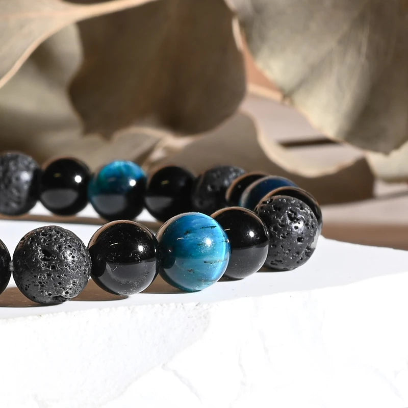 Bracelet "Force Triple" Oeil de Tigre Bleu Clair, Onyx, Pierre de lave