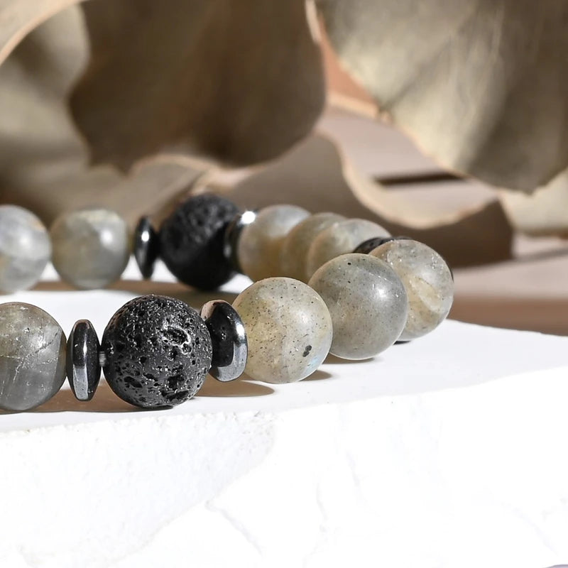 Bracelet "Force" Labradorite dépolie et Pierre de Lave