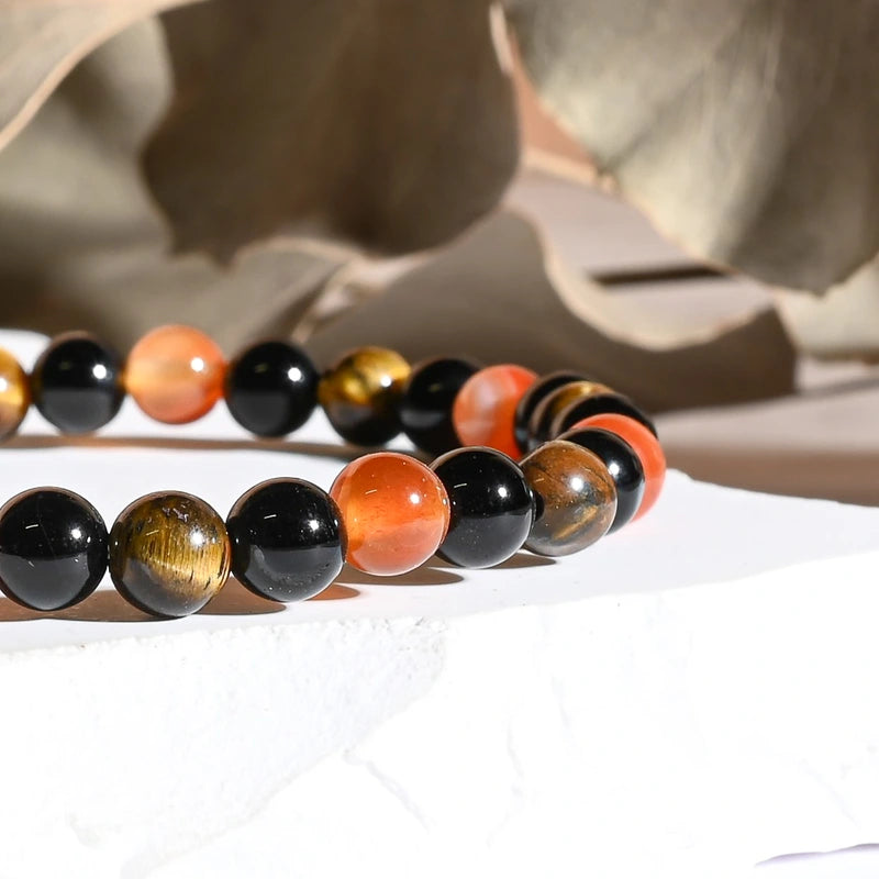 Bracelet "Énergie" Cornaline, Onyx, Oeil de Tigre - Triple