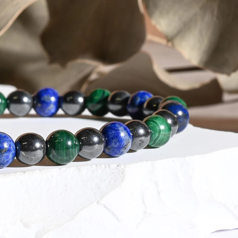 Bracelet "Articulations & Mal de dos" Hématite, Lapis Lazuli, Malachite - Triple