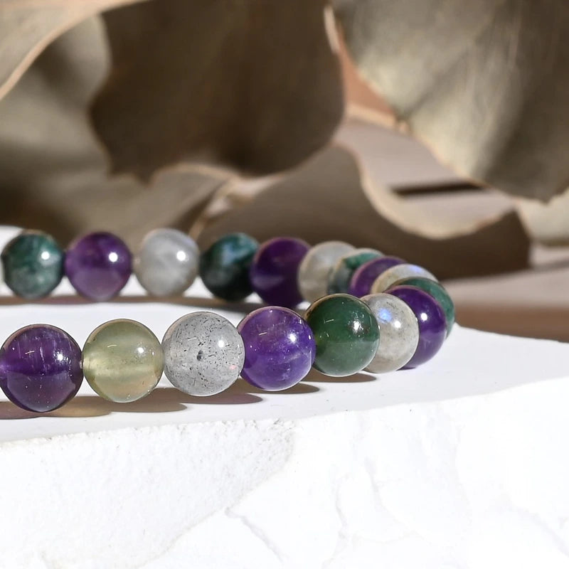 Bracelet "Confiance & Timidité" Agate Mousse, Améthyste, Labradorite - Mix
