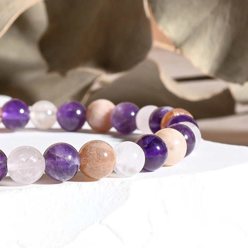 Bracelet "Sommeil & Insomnies" Améthyste, Pierre de Soleil, Quartz Rose - Mix