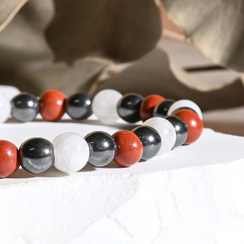 Bracelet "Couple & Libido" Hématite, Jaspe Rouge, Pierre de Lune - Triple