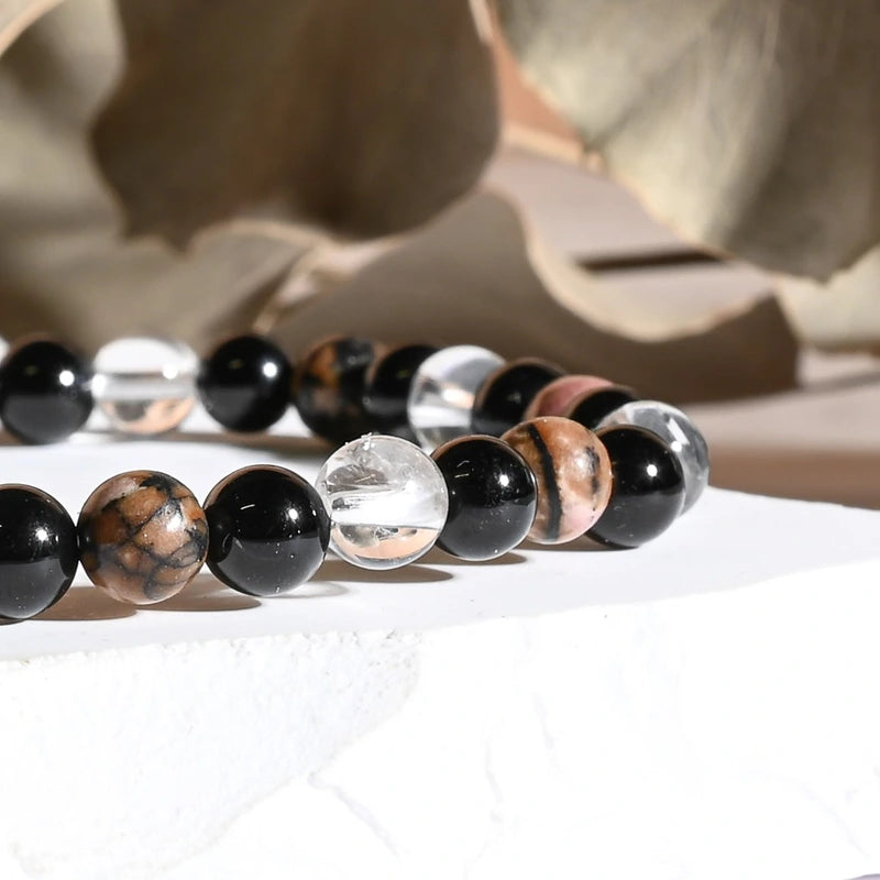 Bracelet "Dépression" Cristal de Roche, Onyx, Rhodonite - Triple