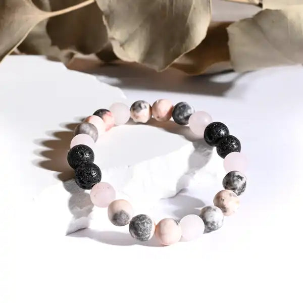 Bracelet "Ménopause" Jaspe Zèbre, Quartz Rose dépoli et Pierre de Lave - Pierres boules
