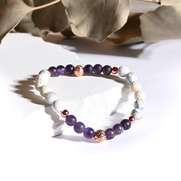 Bracelet "Anti-stress" Améthyste et Howlite dépolie Rose Gold - Pierres boules