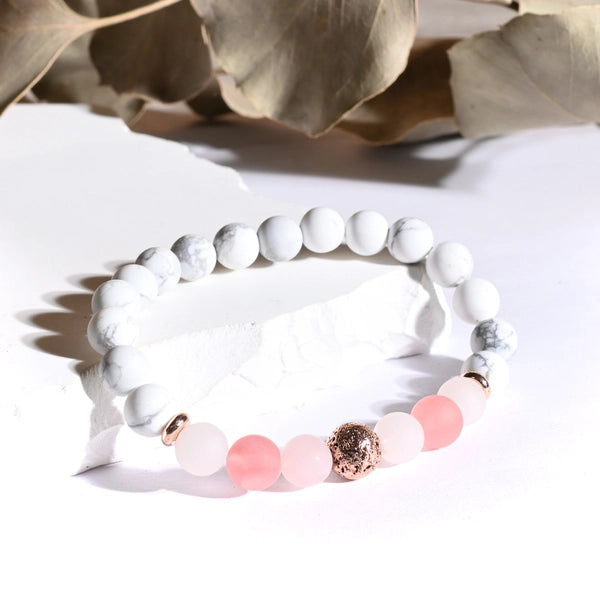 Bracelet Amour & Guérison – Howlite, Quartz rose, Quartz melon & Pierre de lave