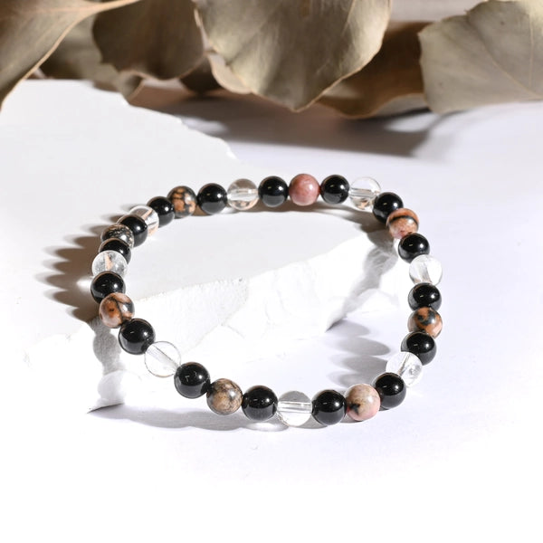 Bracelet "Dépression" Cristal de Roche, Onyx, Rhodonite - Triple