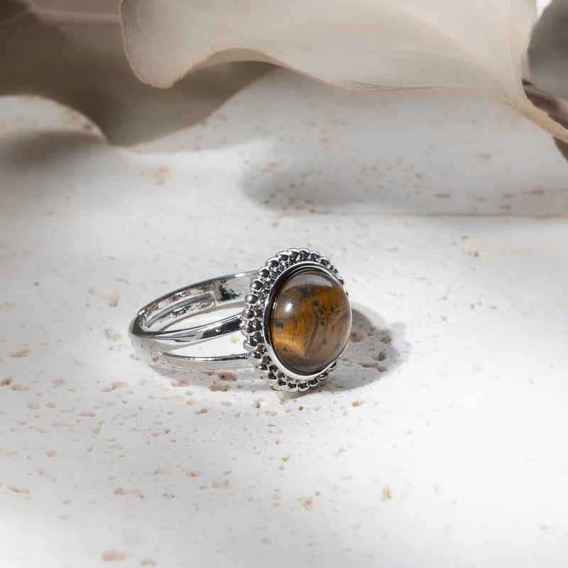 Bague ronde fleur Oeil de Tigre – Confiance et Protection