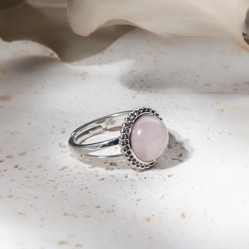 Bague ronde fleur en Quartz Rose – Amour et Guérison Émotionnelle