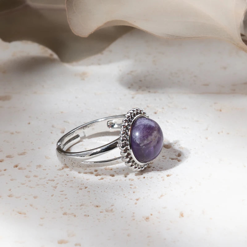Bague ronde fleur en Améthyste – Sérénité et Protection Spirituelle
