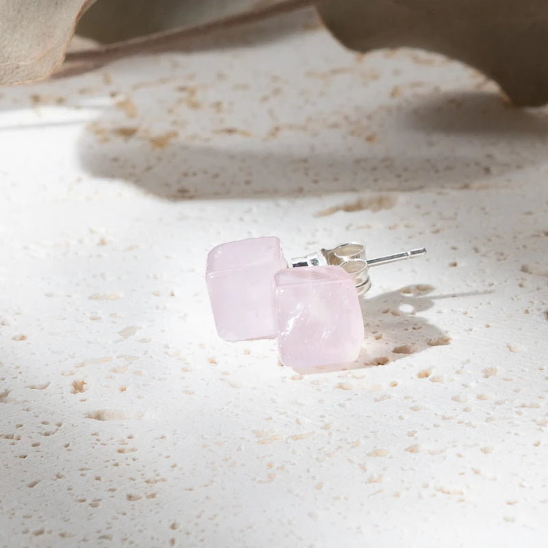 Boucles d'oreilles Quartz Rose carrées et argent 925 – Amour et Guérison Émotionnelle