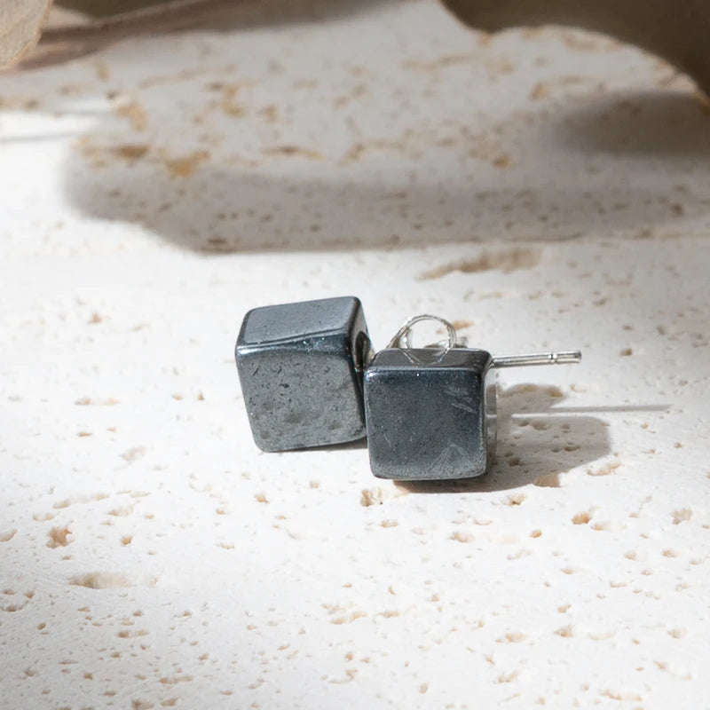 Boucles d'oreilles Hématite argent 925 carrées – Protection et Stabilité