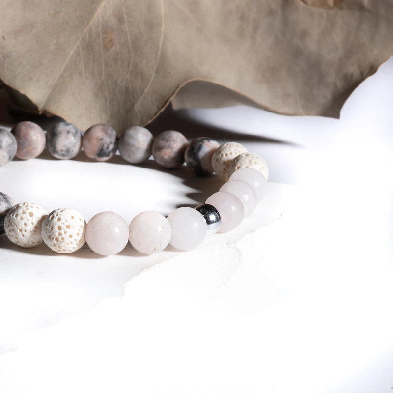Bracelet "Ménopause" Jaspe Zèbre, Quartz Rose et Pierre de Lave Blanche